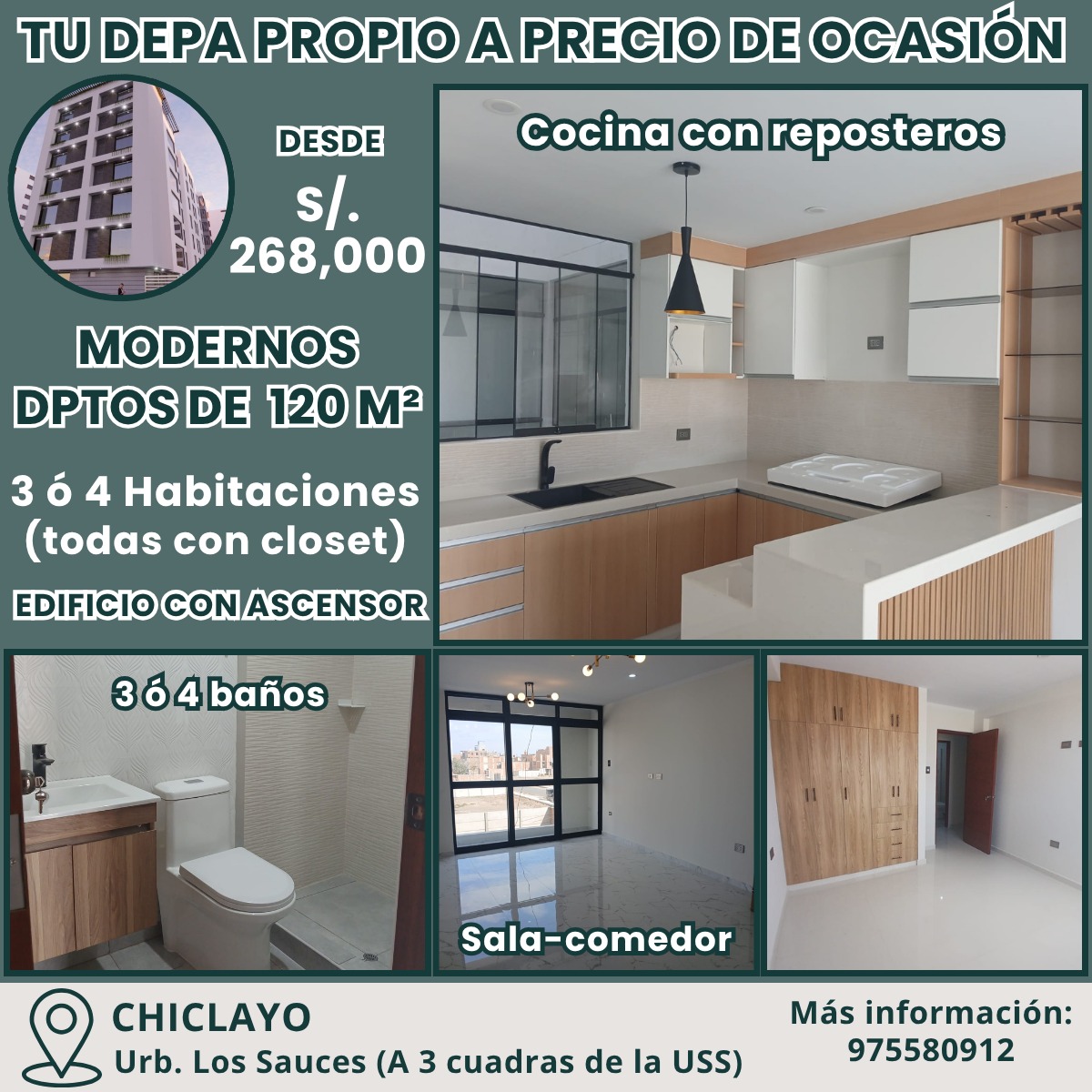 DPTOS 120 M2 CON 3 ó 4 HABITACIONES - CHICLAYO - URB LOS SAUCES